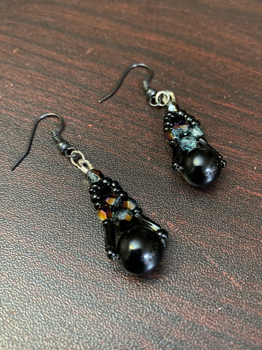 Black Beaded Drop Earrings with Iridescent Accents